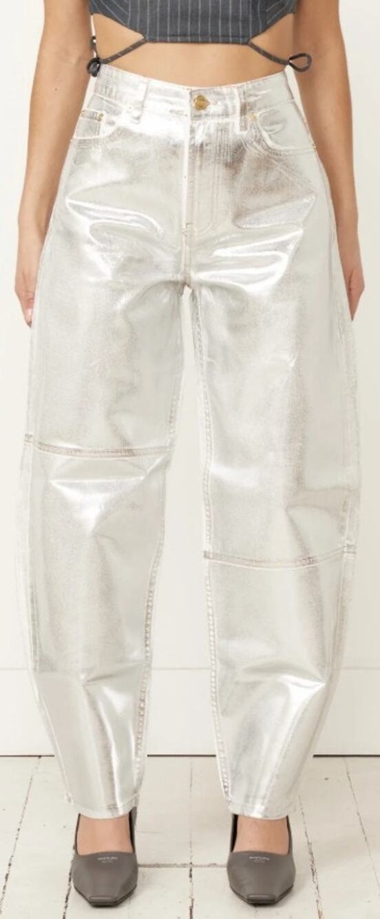NWT Ganni Foil Denim Stary Pant Bright White Metallic Silver Size 25 Retro Party